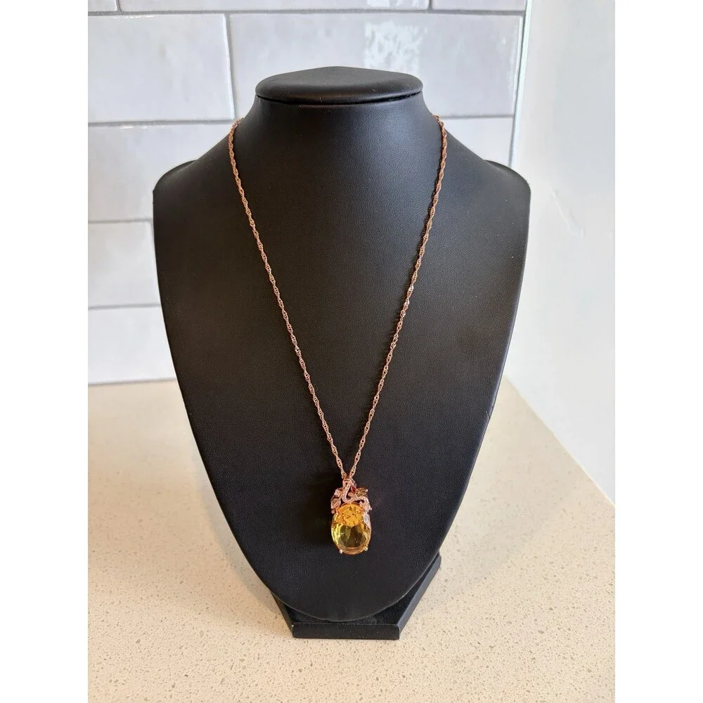 Large Yellow Citrine Pendant 925 Sterling Silver Rose Gold Statement Necklace